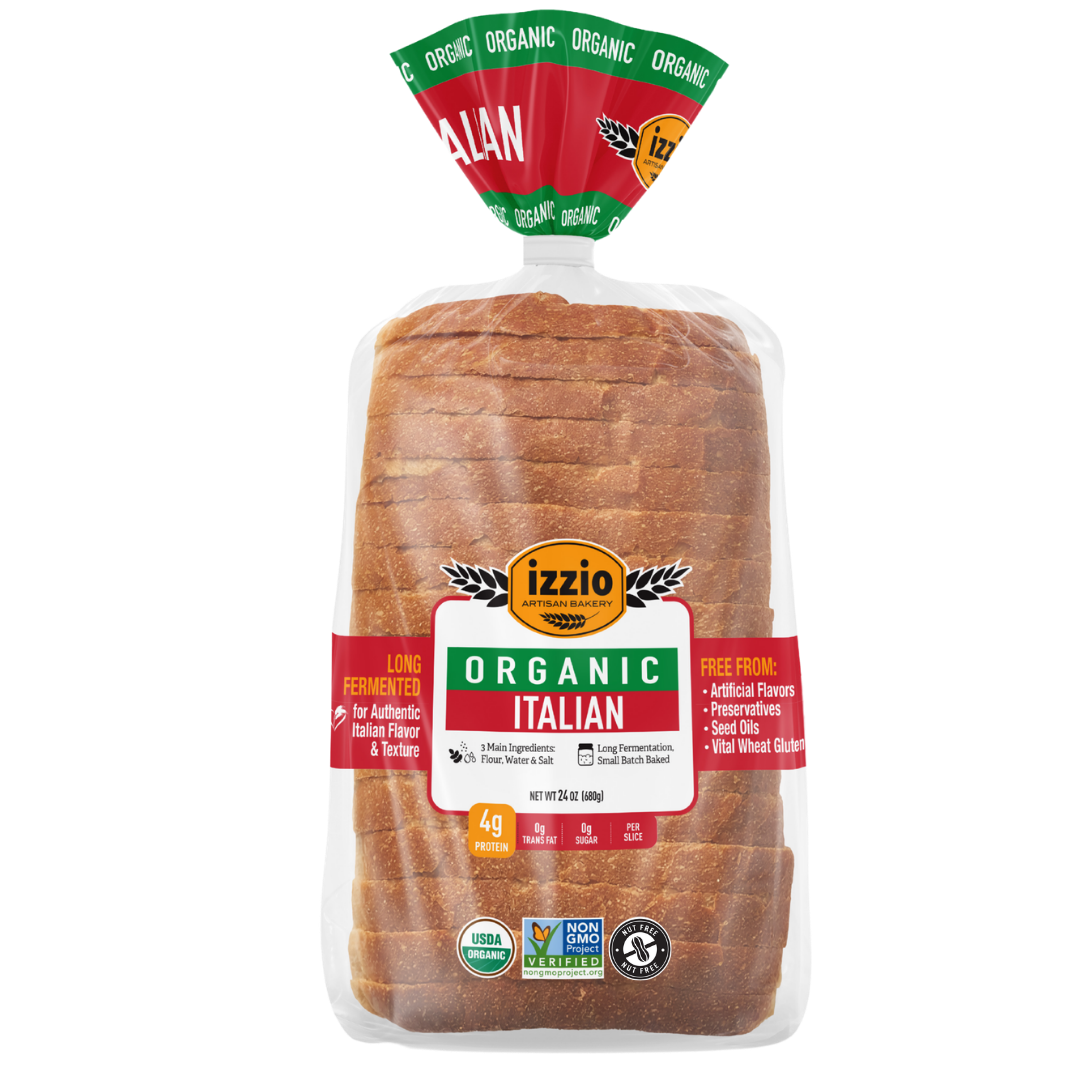 A loaf of sliced Izzio Organic Italian bread in a clear plastic bag with a branded paper header and front label, shown on a plain white background.