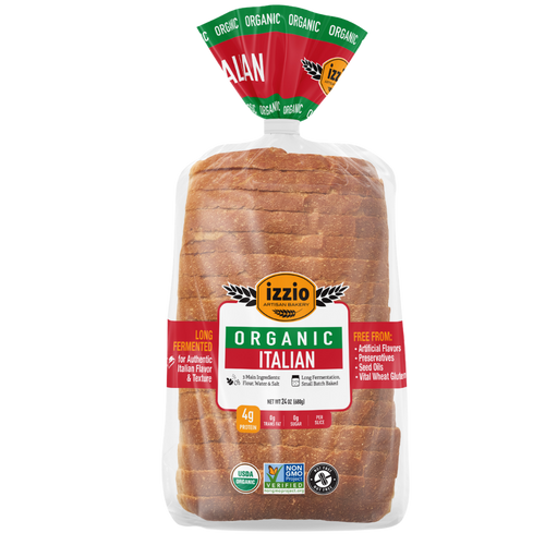 Package of Izzio Organic Italian sourdough sandwich bread, net wt 24 oz (680g), in a clear bag with a red and green Organic top. The label reads "Long fermented for authentic Italian flavor and texture" and "Free from