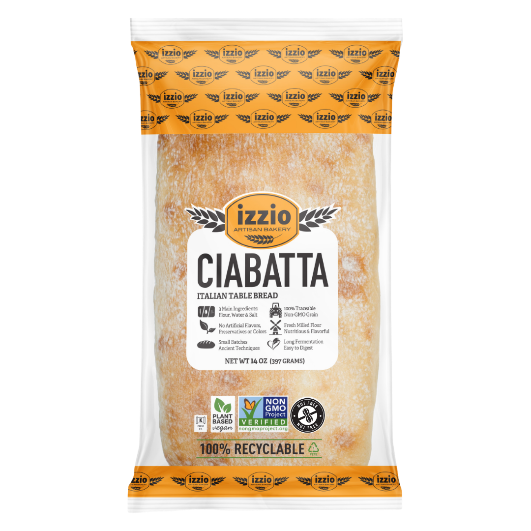 A package of Izzio Ciabatta Italian Table Bread, 14 oz (399 grams), in a clear plastic bag with orange and white branding.