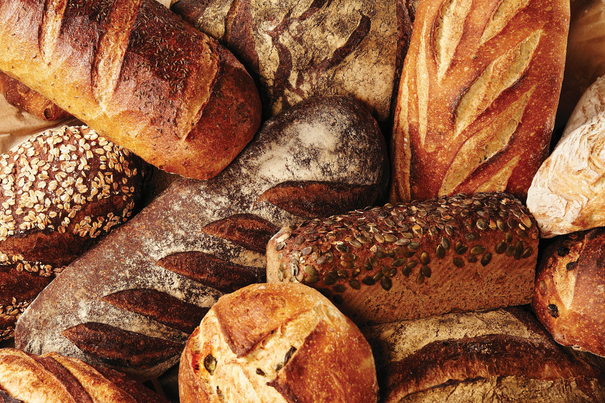 Link to Build Your Custom Box. Assortment of izzio artisan sourdough loaves with scored, flour-dusted crusts, some topped with rolled oats and pumpkin seeds.